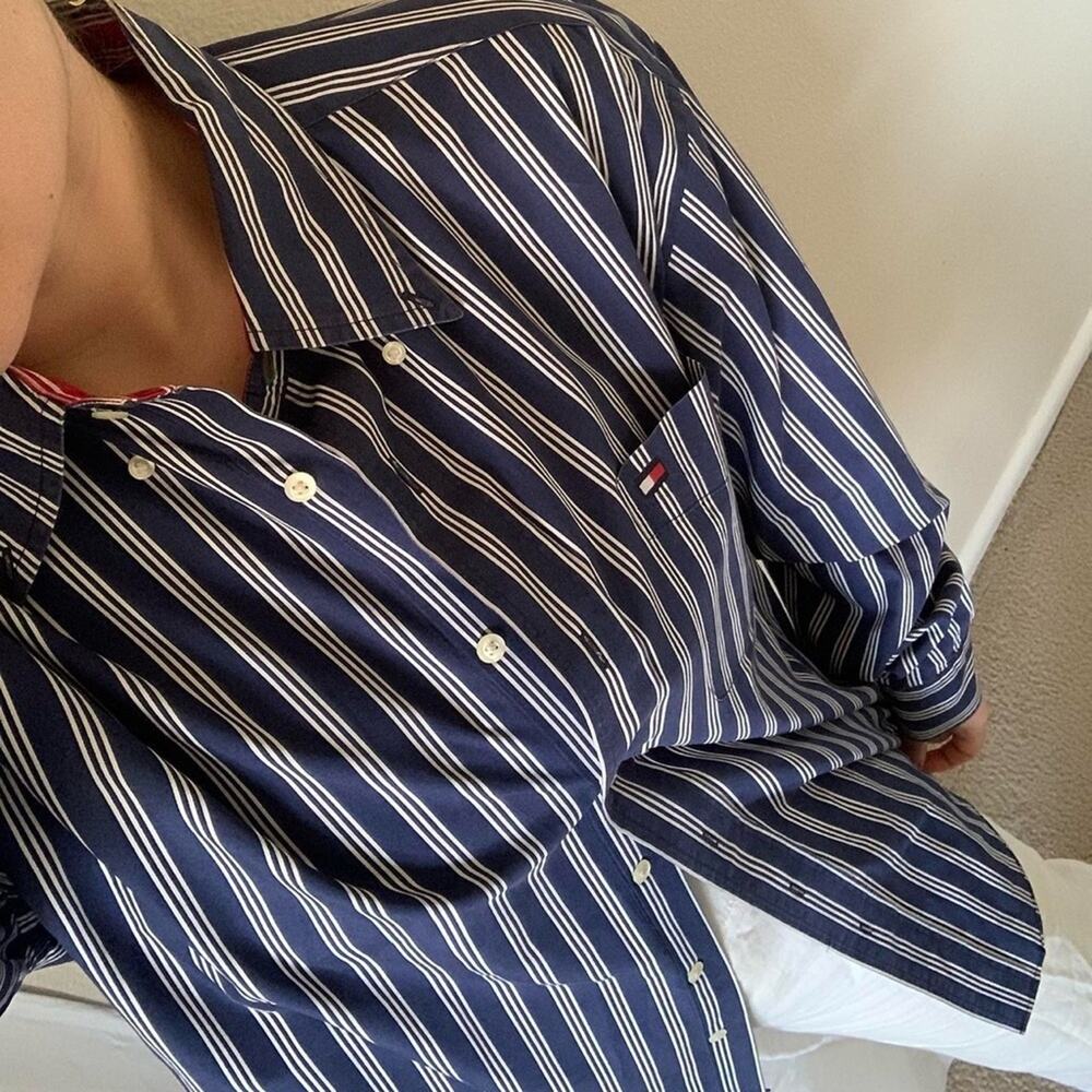 Vintage Tommy Hilfiger Men's Navy Striped Shirt preppy Christmas holiday